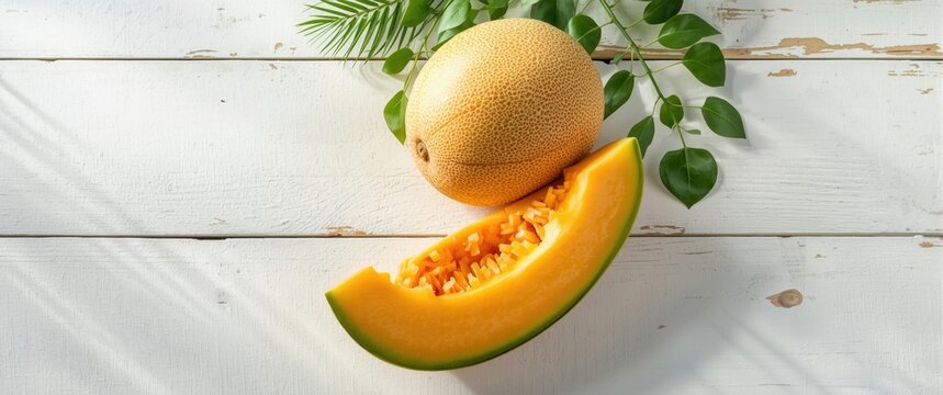 Cantaloupe Slice and Whole Melon on Rustic Wooden Table with Green Leaves