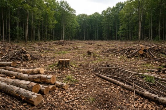 Cleared Forest Area with Cut Stumps and Logs in a Faded Landscape