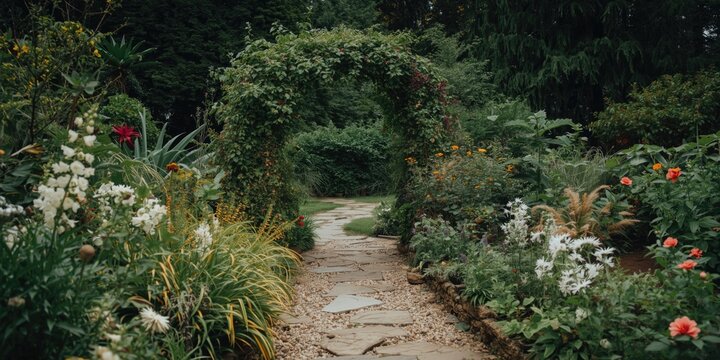 Garden Pathway Leading Through Lush Greenery Under Floral Archway