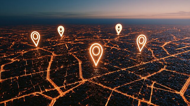 Glowing location pins hover above a vast, illuminated city at dusk