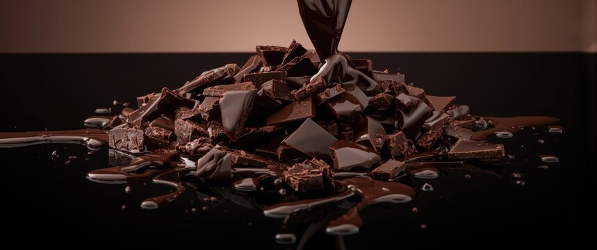 Melting Chocolate Poured Over Dark Chocolate Pieces on a Glossy Background