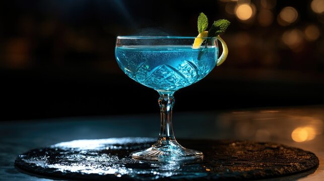 Elegant coupe cocktail with bright blue liquid, ice, lemon twist, and mint garnish