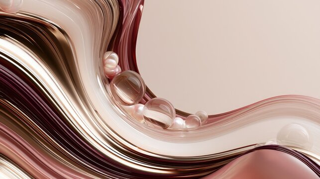 Iridescent liquid waves and pearls cascade across soft pastel background