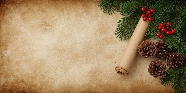 Vintage Scroll with Christmas Pine Branches and Pine Cones on Textured Background