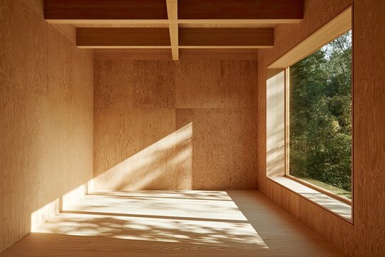 Bright interior with wood walls, large window, and forest view