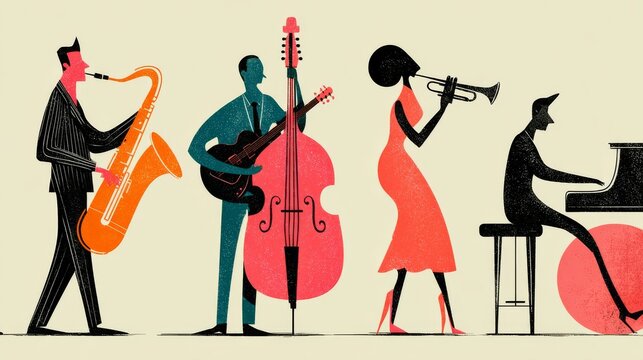 A stylized illustration of a jazz band performing with a saxophone, guitar, upright bass, trumpet, and piano against a plain.