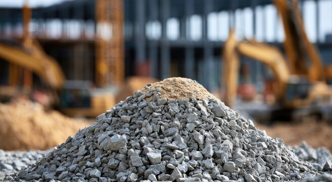 Close up of gravel pile at construction site with excavators in background