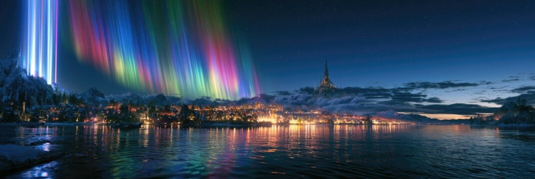 A vibrant aurora dances over a snowy town by a tranquil, reflective body of water