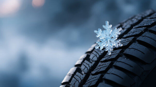 Close-up of snowflake on tire tread