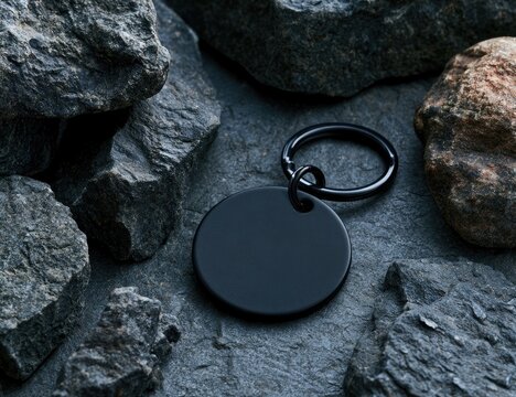 Dark circular pendant on rough rocks with moody lighting