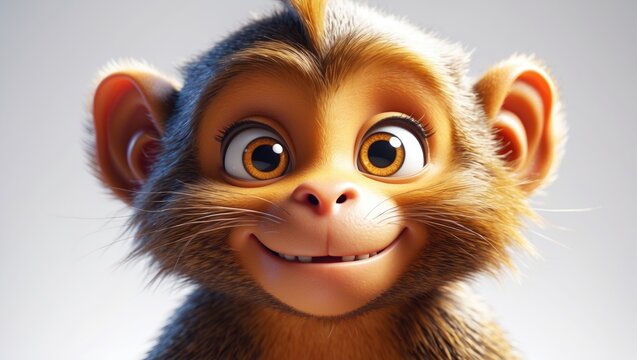 Smiling Cartoon Monkey Character with Bright Eyes and Cheerful Expression