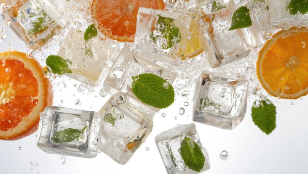Refreshing Citrus Slices and Mint Leaves with Ice Cubes in Sparkling Water