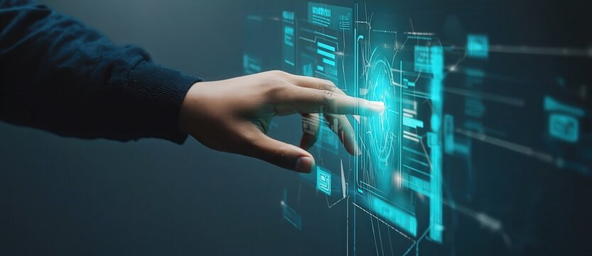 Gesture Controlled Digital Interface. Human hand operating an advanced virtual control system with illuminated data and futuristic technology.