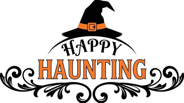 Happy haunting text design with a witch hat and decorative flourishes for halloween holiday greeting cards