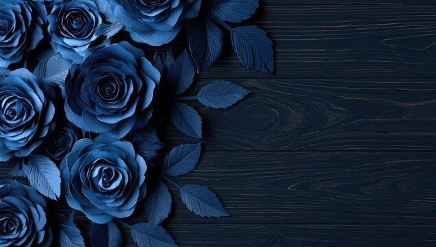 Dark blue roses cascade across a textured, dark wood surface