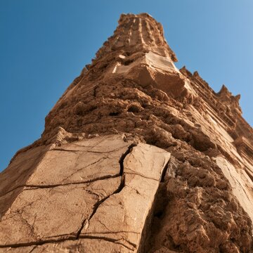 Jagged rock spire against a clear blue sky, showing weathered textures
