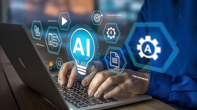 Person Working on Laptop With Advanced Artificial Intelligence Technology and Digital Neural Network Interface Icons for Modern Business Solutions