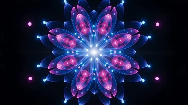 Purple and blue lotus flower mandala kaleidoscopic pattern is perfect for meditation apps, wellness websites, and packaging designs.