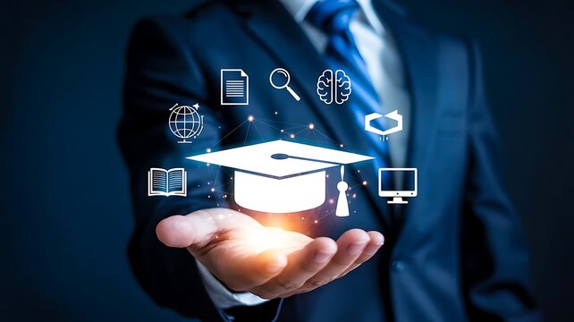 Businessman holding virtual graduation cap and education icons representing online learning and academic success