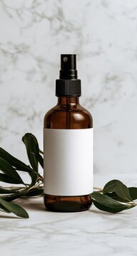 Amber glass spray bottle with blank label and olive branches on marble