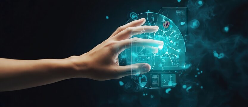Advanced Human Machine Interaction. Human hand connecting with an illuminated digital system in a futuristic technology environment.