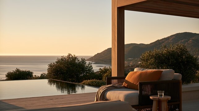 Serene poolside vista at sunset, overlooking a tranquil sea and rolling hills