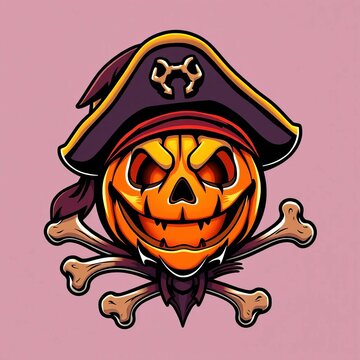 Spooky Halloween mascot with pirate-inspired tricorn hat, jack o' lantern face, and bones symbol, eye patch, hat