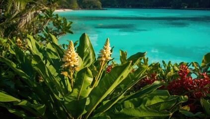 Fototapeta premium Tropical Plants with White Flowers by Azure Blue Waters in Sunlight