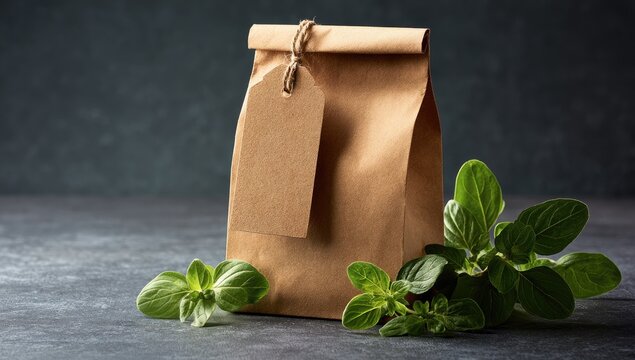 Kraft paper pouch with tag and fresh green herb sprigs on dark surface