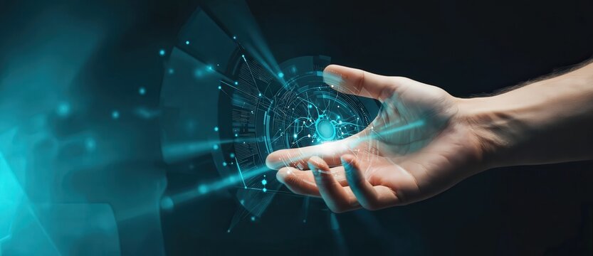 Gesture Controlled Digital Interface. Human hand operating an advanced virtual control system with illuminated data and futuristic technology.