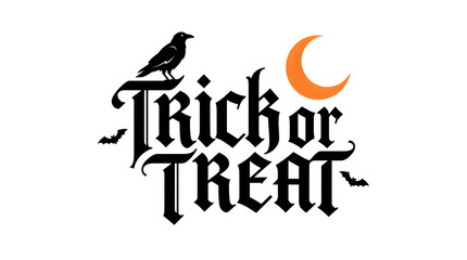 Trick or Treat Halloween typography design with a black raven and orange crescent moon. © MD ACHADUL ISLAM