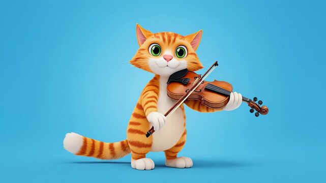 Orange tabby cat playing violin with joy against bright blue backdrop cinematic motion