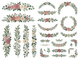Fototapeta premium Floral design elements collection features elegant botanical dividers, wreaths, and borders on a clean white background.