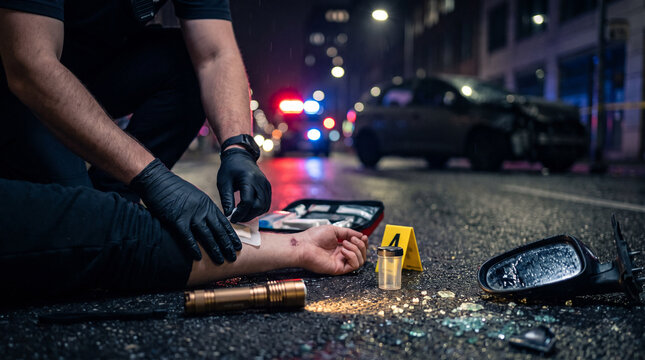 Police officer providing first aid to an injured person at a nighttime road accident scene with emergency lights, medical kit and forensic evidence markers