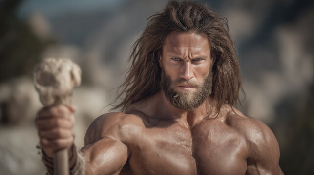Samson holding a jawbone preparing for battle against the Philistines in an ancient biblical desert confrontation