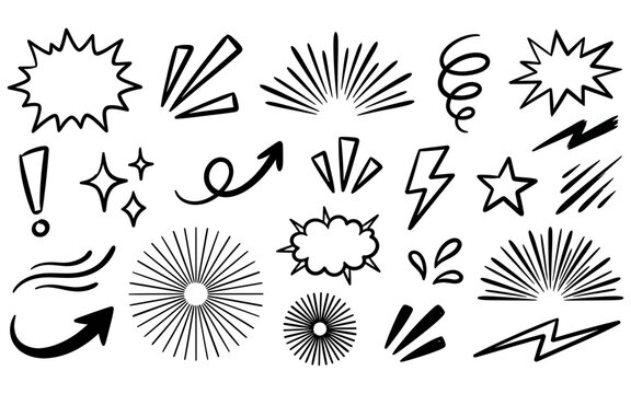 Comic style doodle effect set with dynamic starbursts and lightning shapes for energetic visual pop.