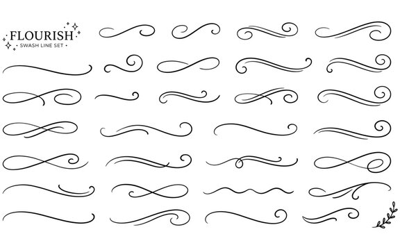 Elegant flourish swash line set with curly decorative dividers for professional calligraphy layouts.