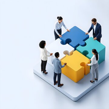 Diverse business team assembling colorful 3D puzzle pieces, symbolizing teamwork, collaboration, problem solving, partnership, strategic planning, and successful business integration.