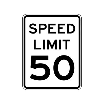 Black and white rectangular speed limit 50 road sign icon Vector