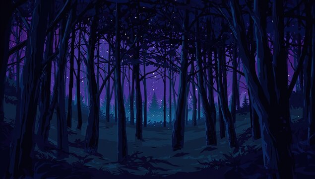 Mystical Forest Scene at Night with Purple Sky and Starry Background