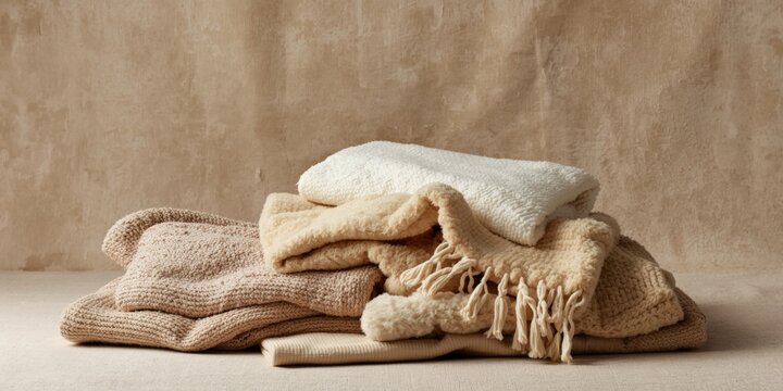 Cozy Pile of Soft Textured Blankets in Warm Beige Tones on a Simple Background