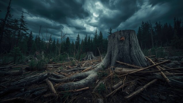 Tree Stump in a Deforested Area Under Dark Clouds with Twisted Roots