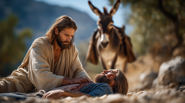 Good Samaritan helping an injured man on the roadside in an ancient biblical scene of compassion