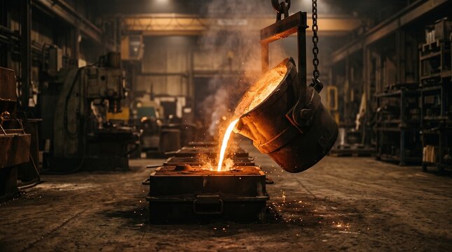 Molten glowing liquid metal pours from a heavy industrial iron crucible into sand molds during a high heat manufacturing process captured with dramatic cinematic lighting.