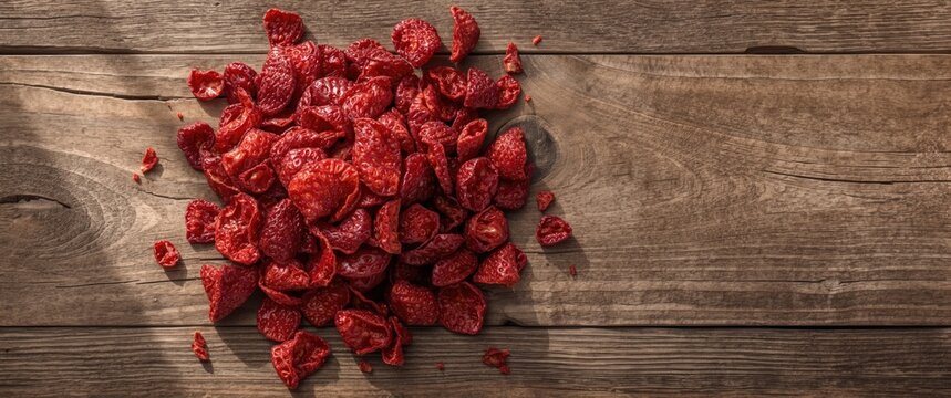 Dried Red Fruit Pieces on Wooden Surface in Natural Light