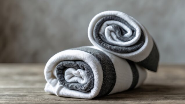 Rolled Cotton Socks on a Wooden Surface with Soft Lighting
