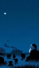 Naklejka premium The Silhouette Of Santa Standing With Shepherds Sheep Near An Illuminated Snowy Christmas Ship