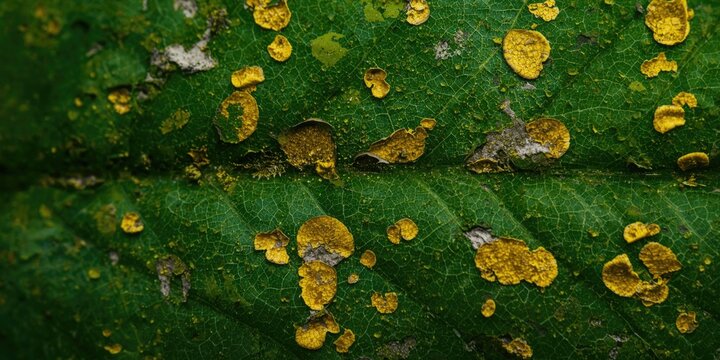 Closeup of Green Leaf Textured with Yellow Lichen Spots