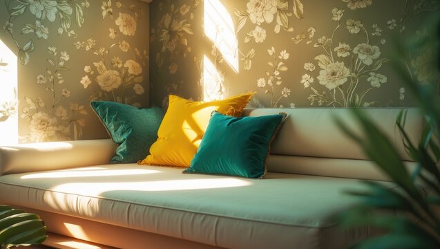 Cozy Sofa with Colorful Cushions in Sunlit Floral Living Room