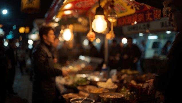 Vibrant Night Market Scene with Food Stalls and Warm Lights